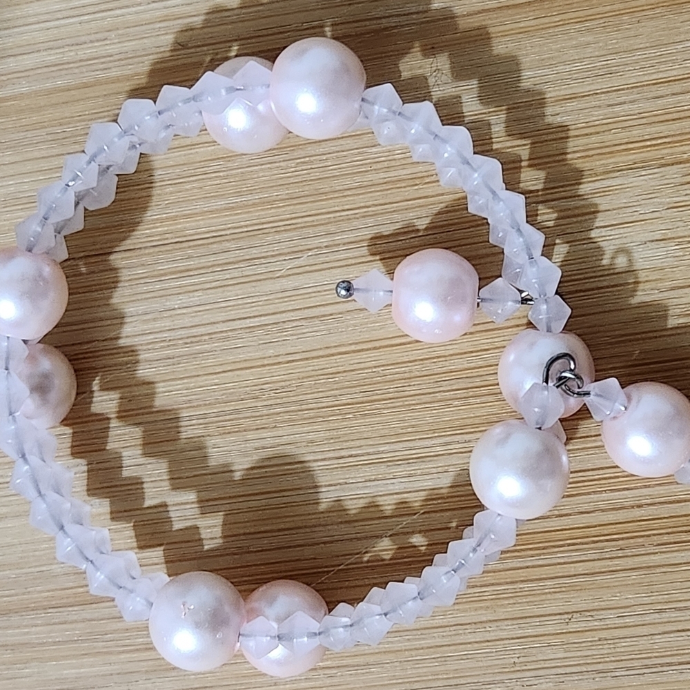 Hand Crafted Faux Pearl and Crystal Bracelet Pink Memory Wire Wrap Bead Charms